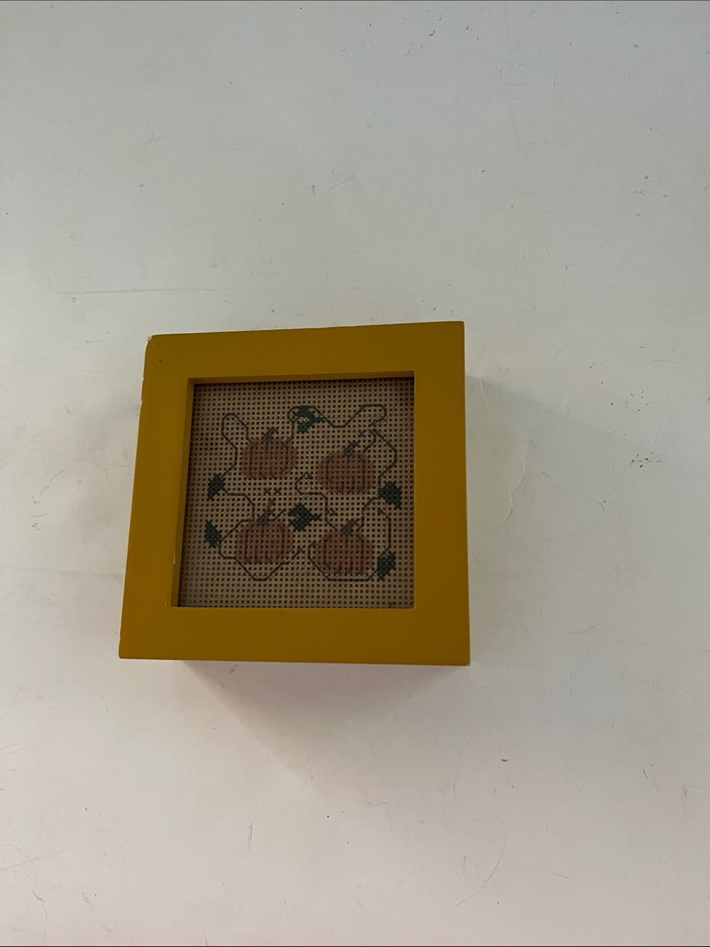 Vintage Mustard Yellow Framed Hand Stitched cross stitch pumpkins accent